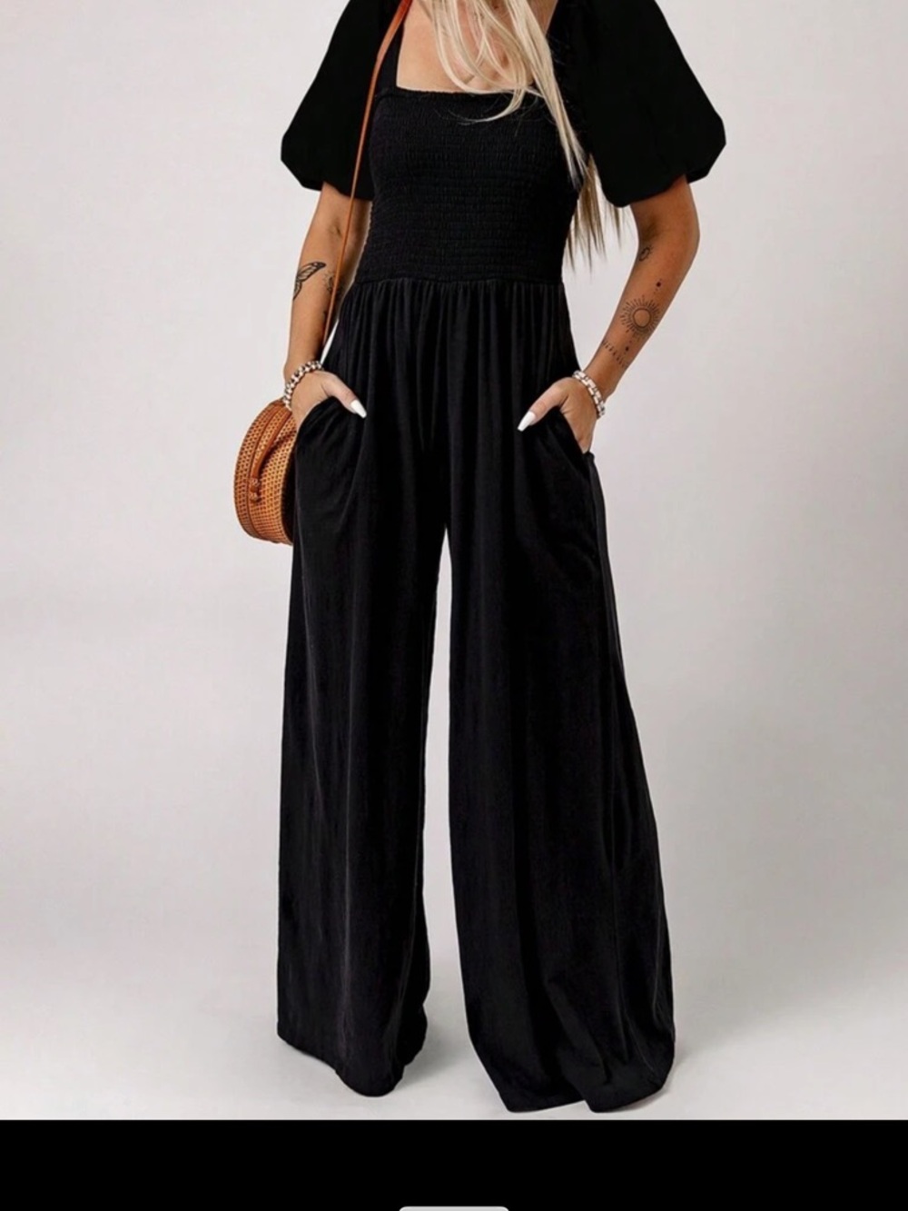 Black Wide-Leg Jumpsuit with Puff Sleeves